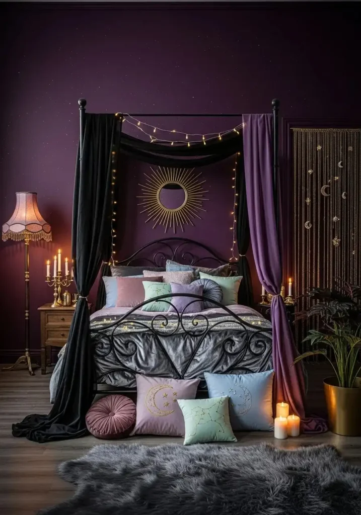 Dark plum bedroom walls with pastel and gold accents in a whimsigoth style.