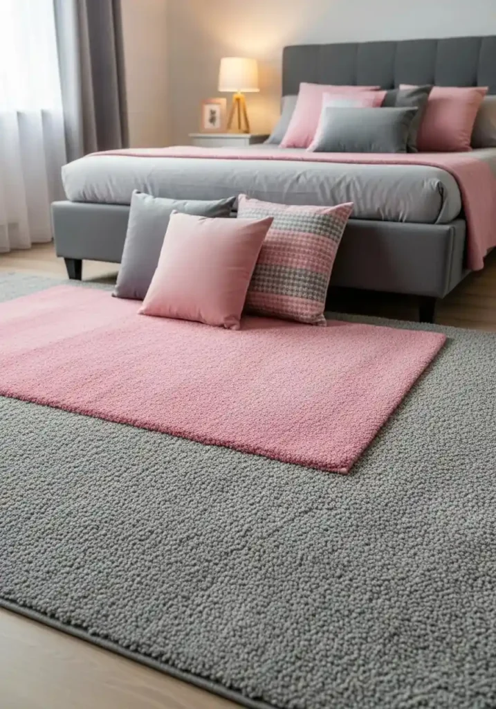 Layered pink and gray rugs in a cozy bedroom with neutral bedding.