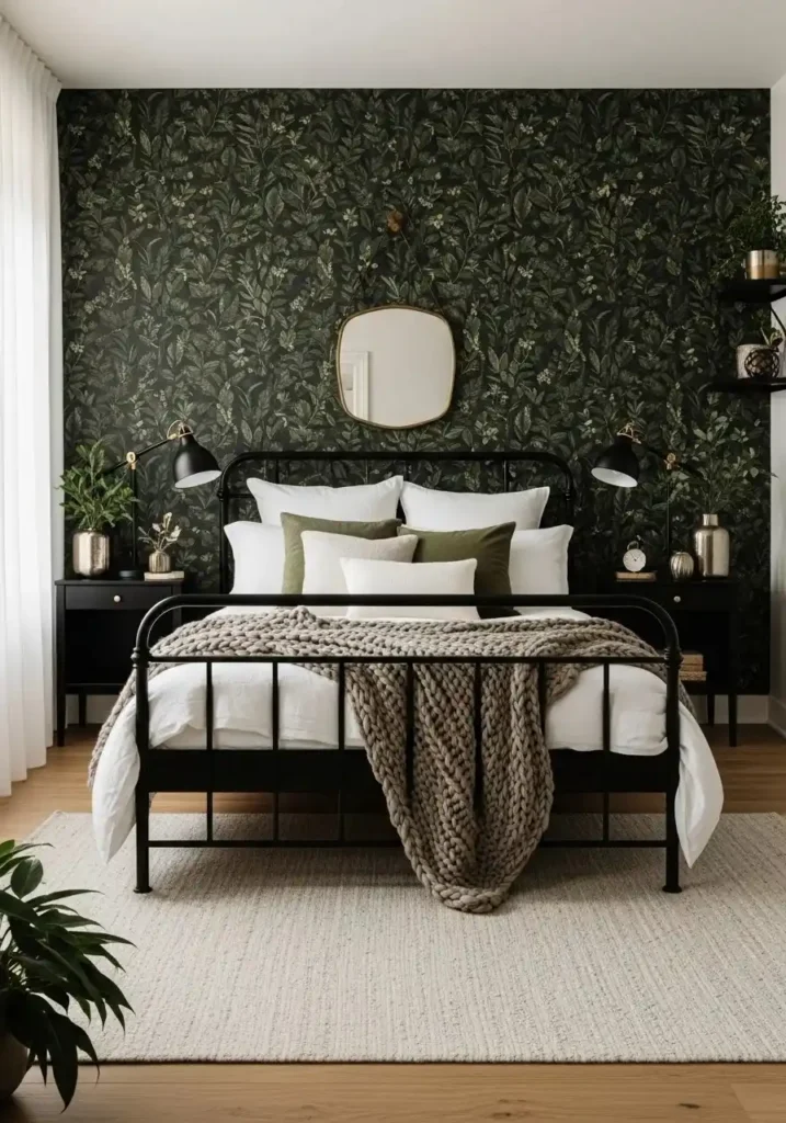 Dark green wallpaper with black accents creates a luxurious and intimate bedroom vibe.