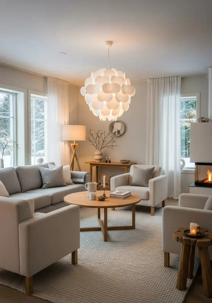 Scandinavian living room with modern white pendant light.