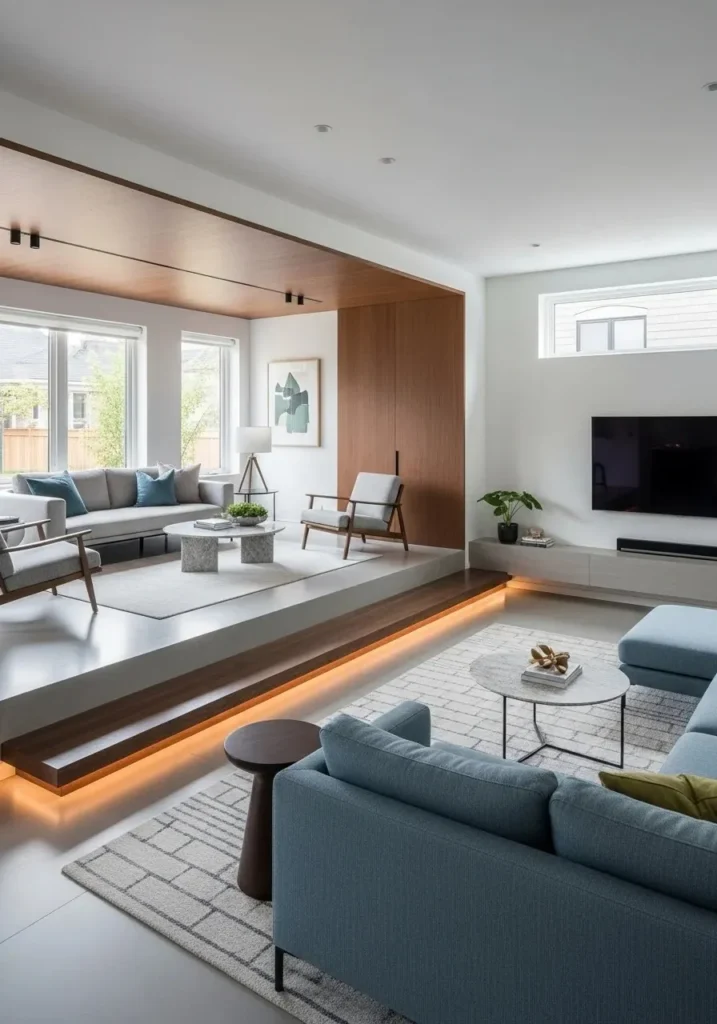 multi level platform divider in living room