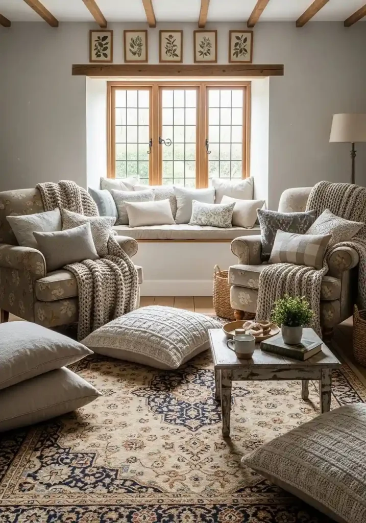 Cottagecore living room with soft seating, pillows, and cozy rug.