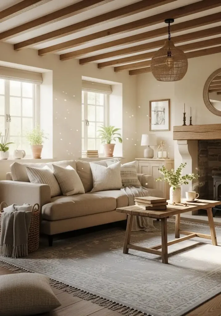 Cottage living room with soft neutral colors, beige sofa, light grey rug, and natural wood accents.