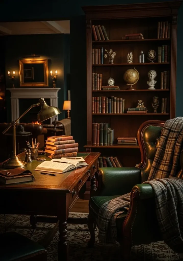 Wooden desk styled with books and lamp in a dark academia living room.