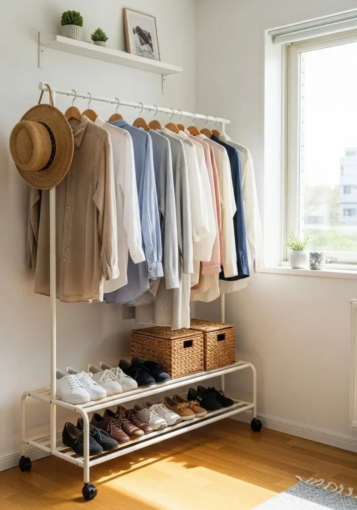Rolling garment rack providing mobile clothing storage in a small space.