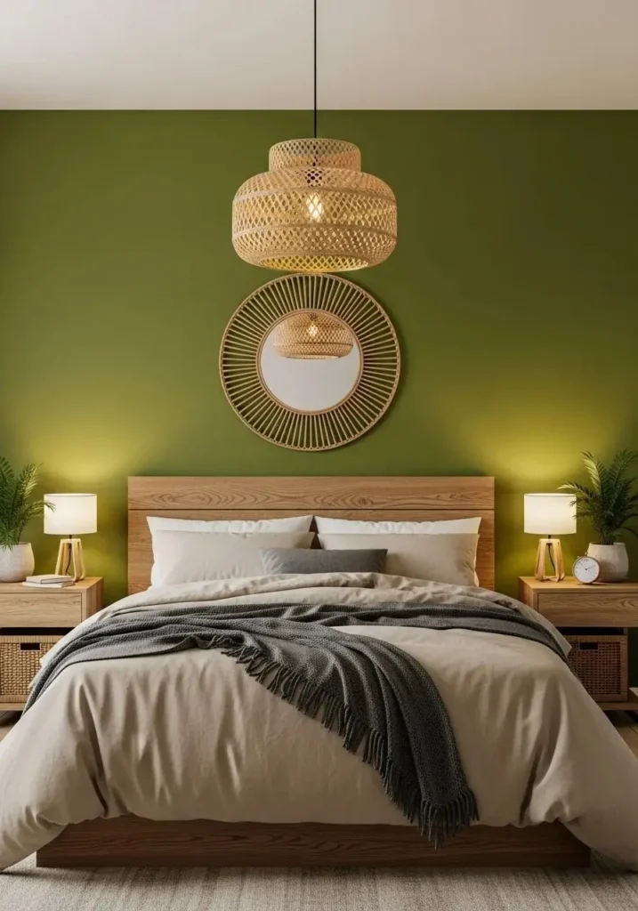 Olive green bedroom accent wall with earthy textures, beige bedding, and natural wood elements for warmth