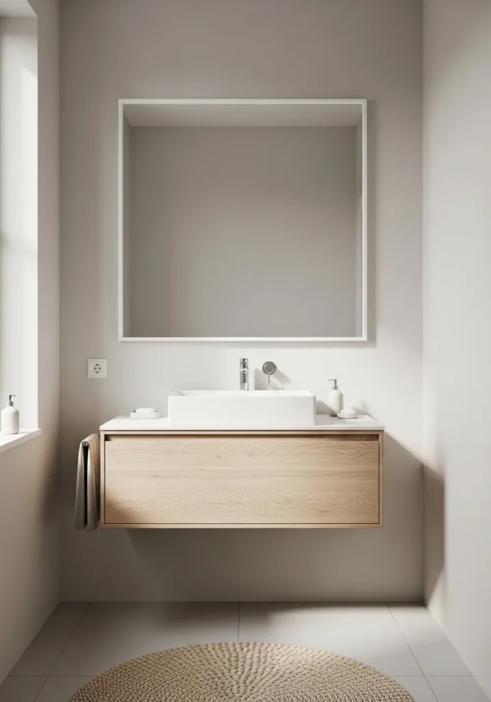 Frameless bathroom mirror in a clean minimalist space.