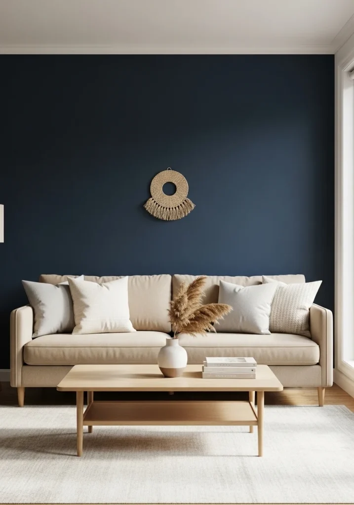 Beige couch against a bold navy accent wall, styled with minimal decor and neutral pillows for a striking focal point.