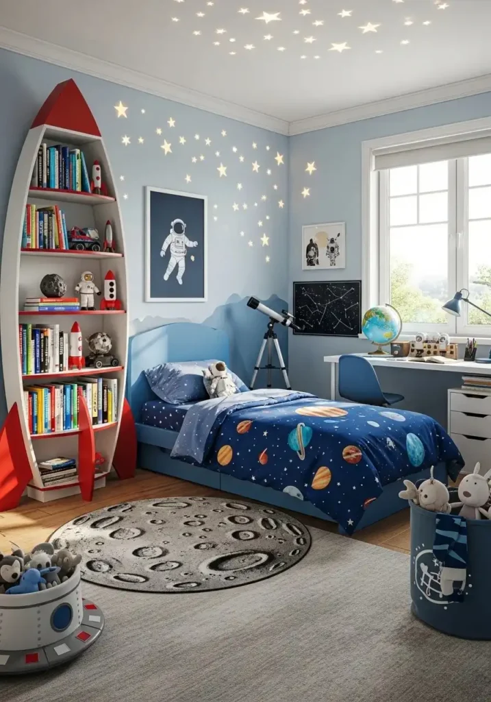Bedroom with space themed shelves shaped like rockets and planets.