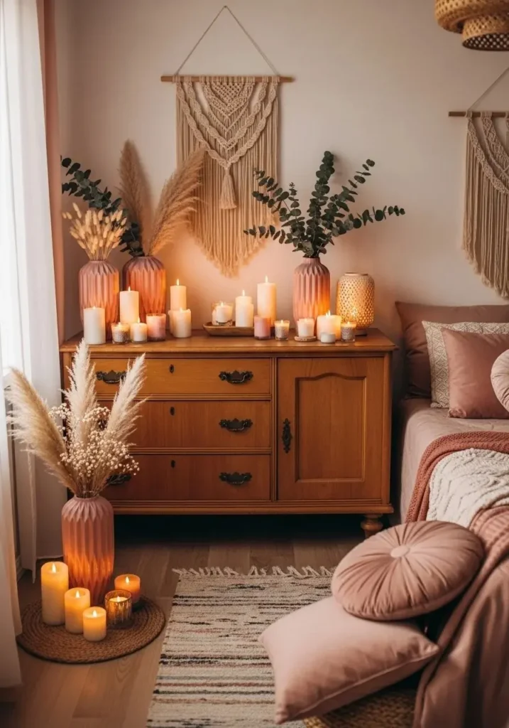 Vintage wooden furniture styled with pink boho decor