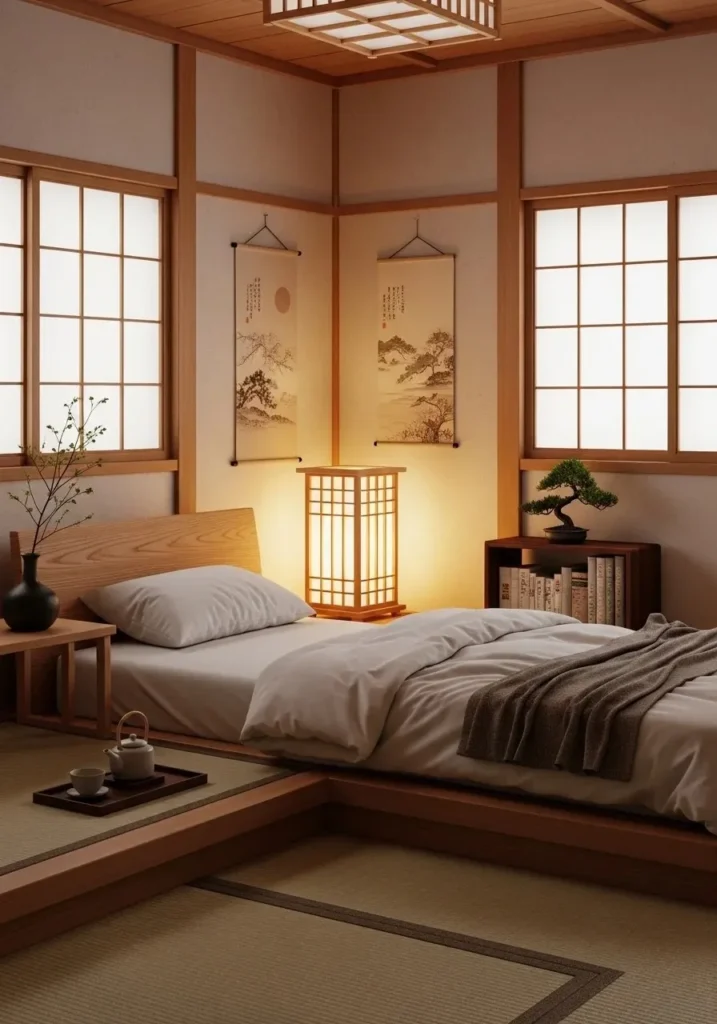 Shoji-style lamp illuminating a Japanese bedroom bedside
