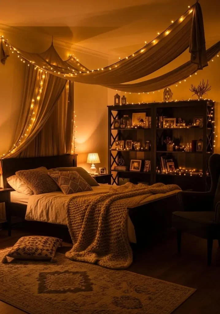 Delicate fairy lights adding whimsical glow to a dark whimsigoth bedroom.