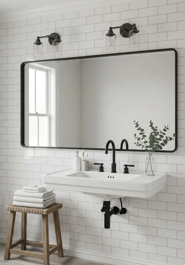 Black-framed mirror above white tiled bathroom wall.