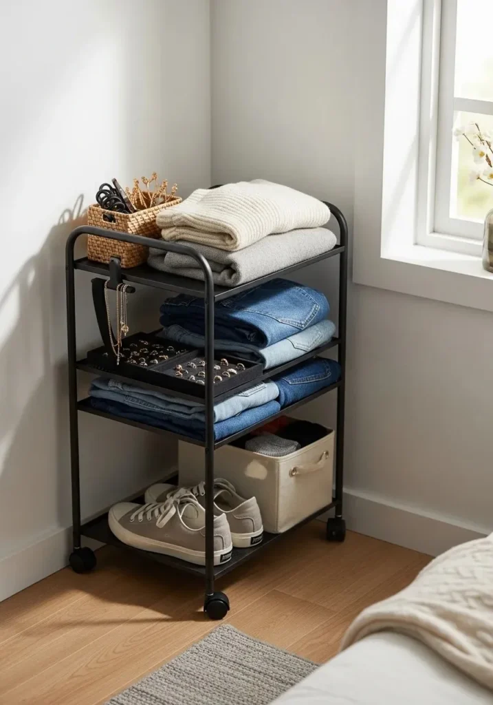 Rolling storage cart providing flexible clothing storage in a small space