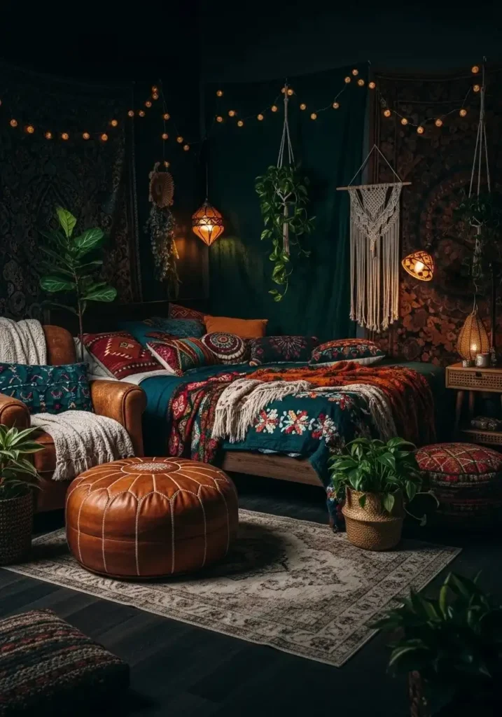Dark boho bedroom with leather accents for warmth.