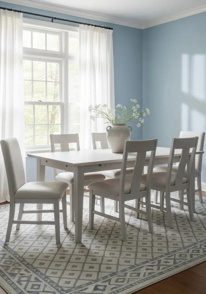 Cozy powder blue dining room with white oak furniture and soft textures, creating a calm, airy space