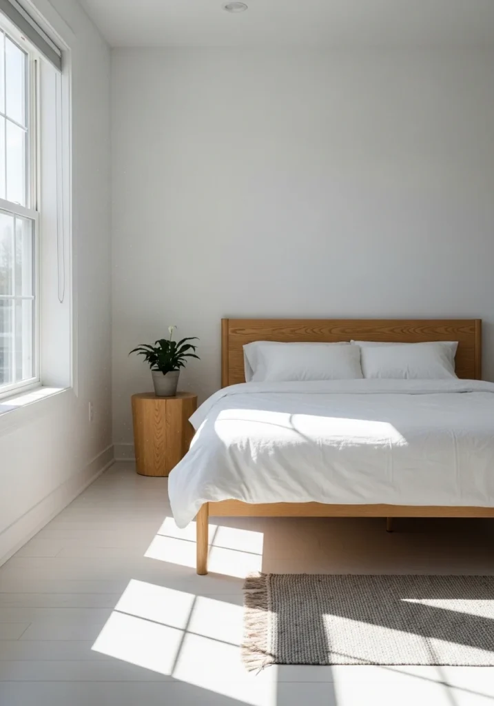 White bedroom with clean walls, wooden bed, and airy sunlight.