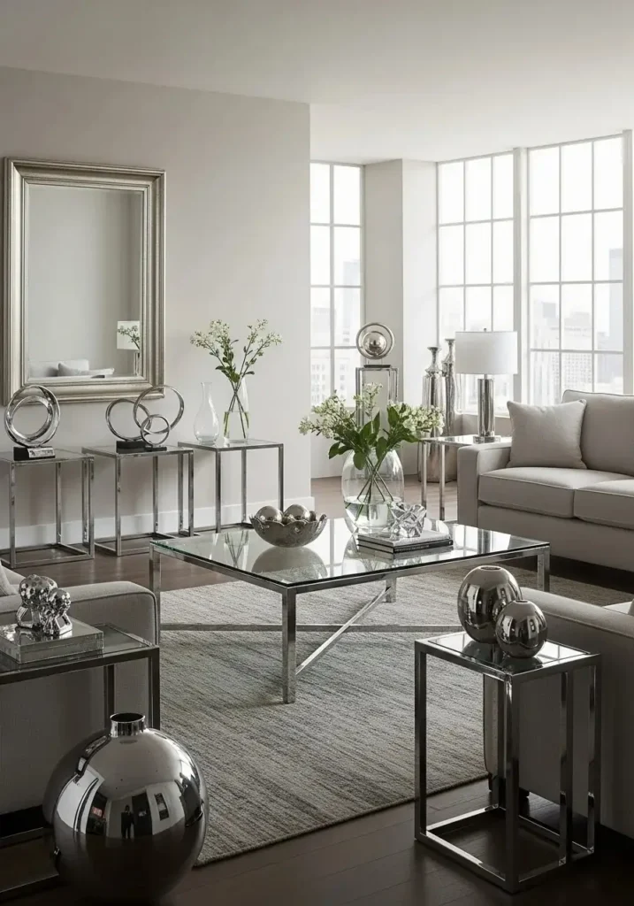 Glass and metal accents in modern living room design.