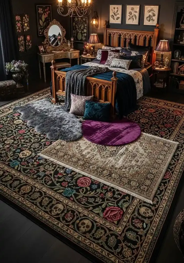 Richly patterned dark rugs layering texture in a whimsigoth bedroom.
