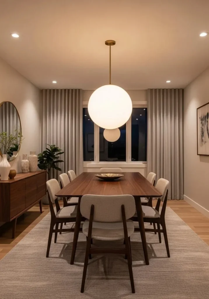 Mid century modern dining room with statement pendant lighting above table