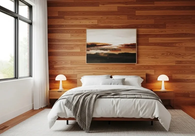 Full view of Beautiful wood accent wall bedroom look