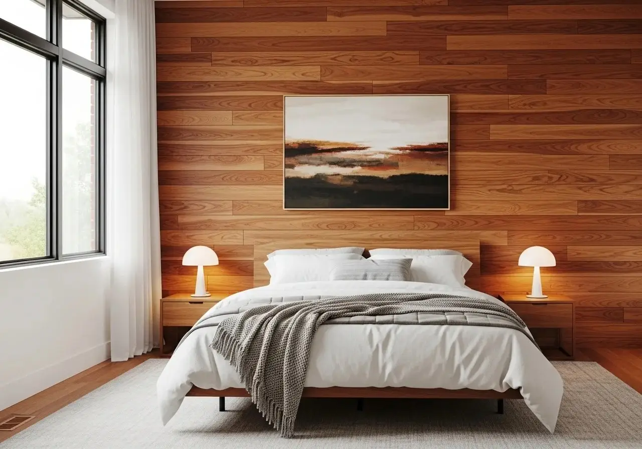Full view of Beautiful wood accent wall bedroom look