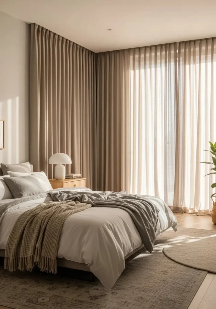 Floor-to-ceiling beige linen curtains in a bright, airy bedroom.