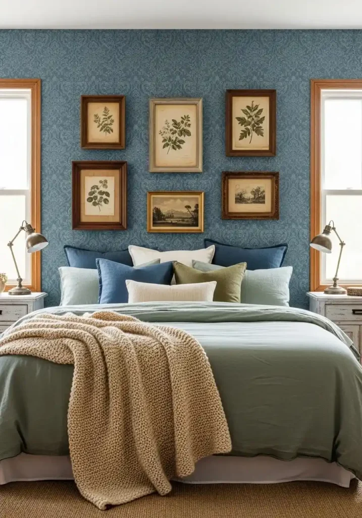 Vintage-style bedroom with dusty blue damask wallpaper accent wall