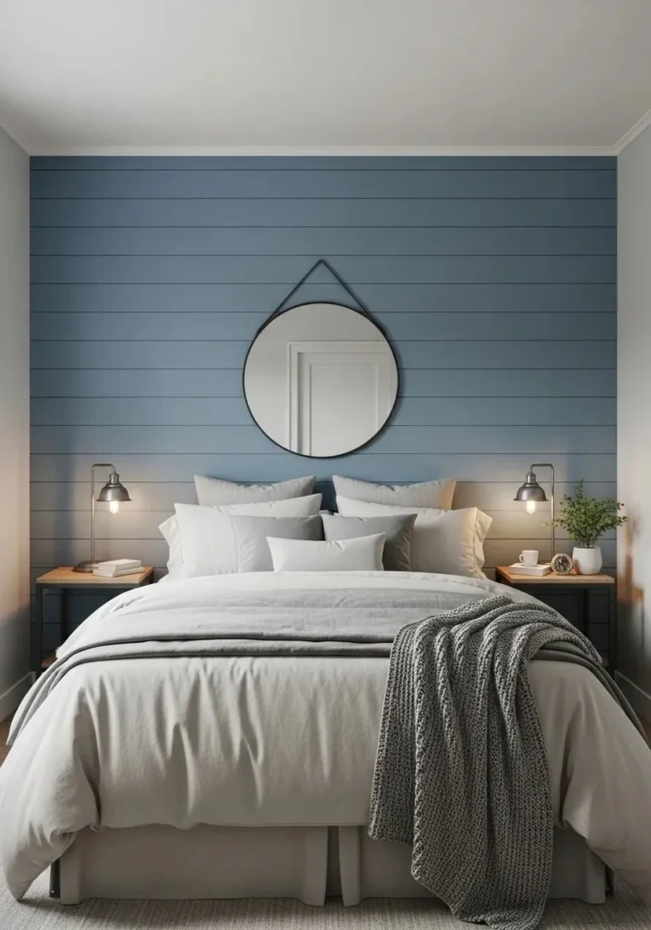 Blue shiplap accent wall adding texture and charm to a cozy bedroom design