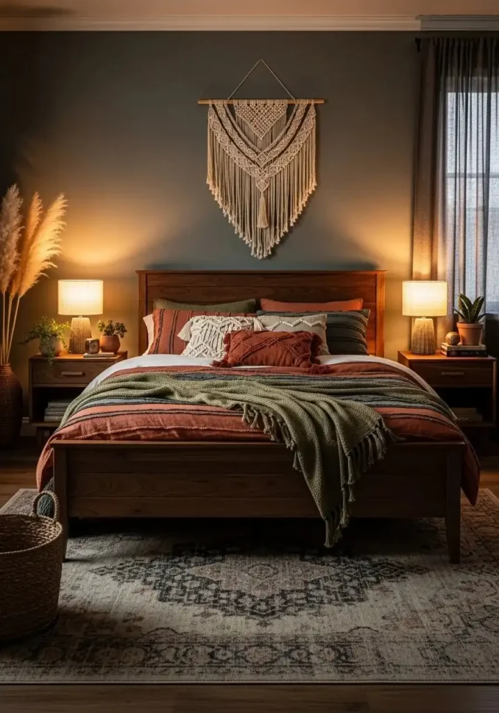 Dark wood furniture in a cozy boho bedroom.