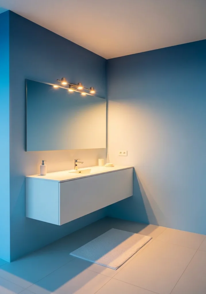 Ombre blue bathroom walls transitioning from light to dark.