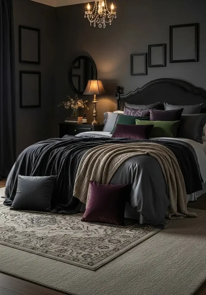 Layered rugs in cozy dark feminine bedroom