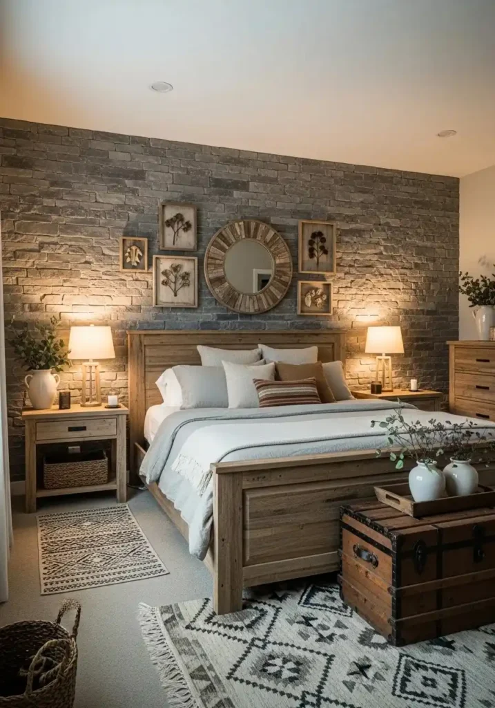 Rustic cabin bedroom with a stone accent wall adding texture and a grounded, natural charm.