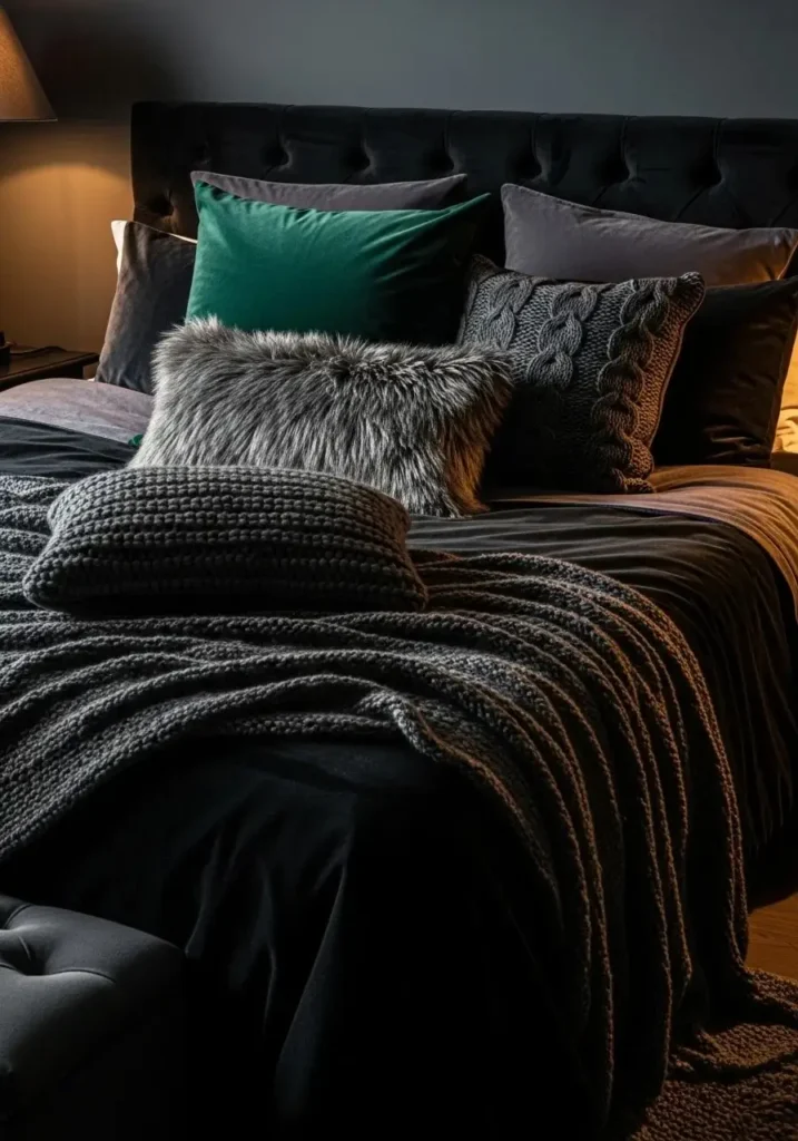 Plush throw pillows and blankets on bed