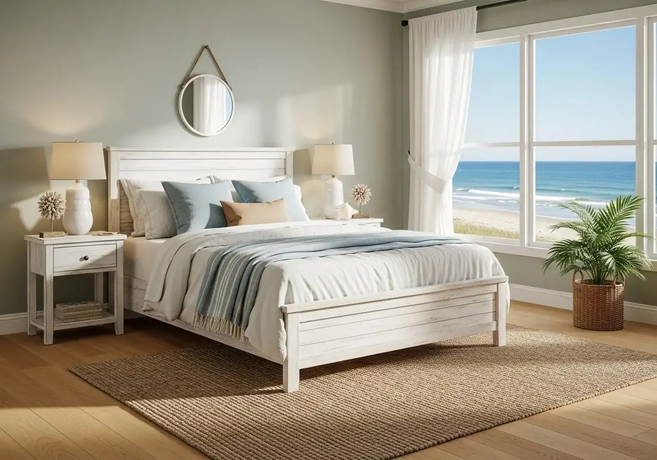 Full view of coastal bedroom look