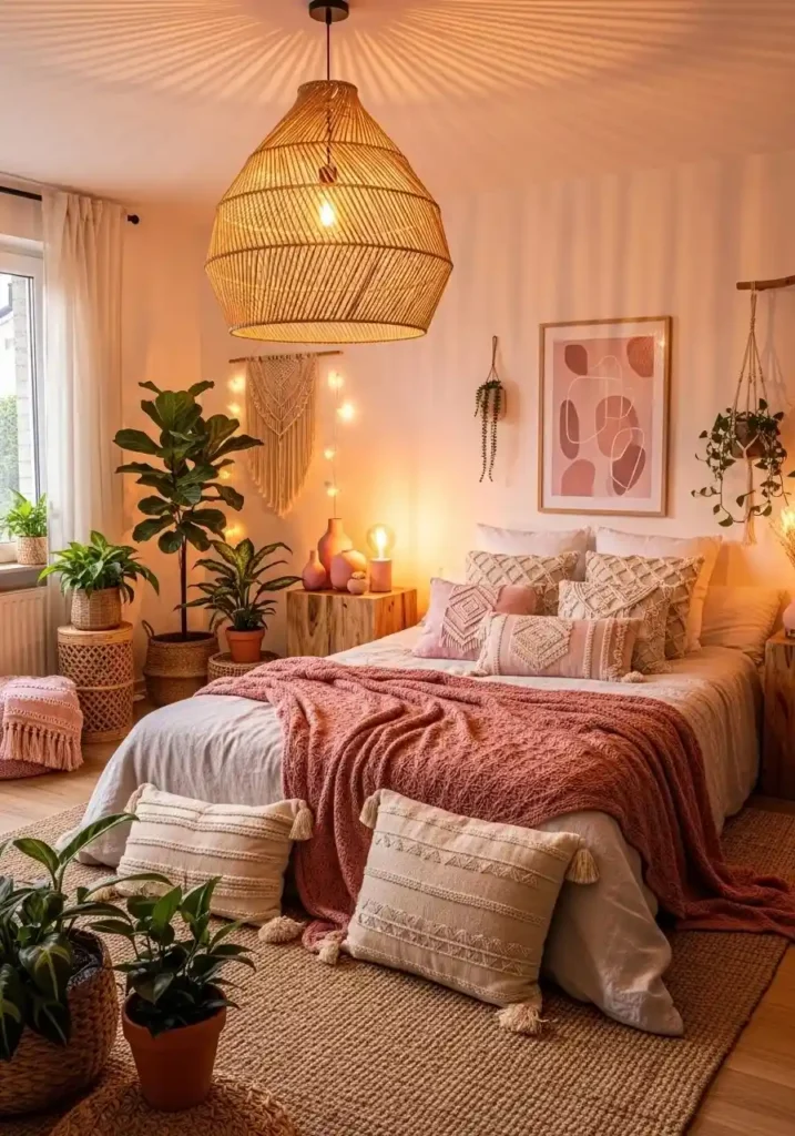 Rattan lighting fixture in a pink boho bedroom