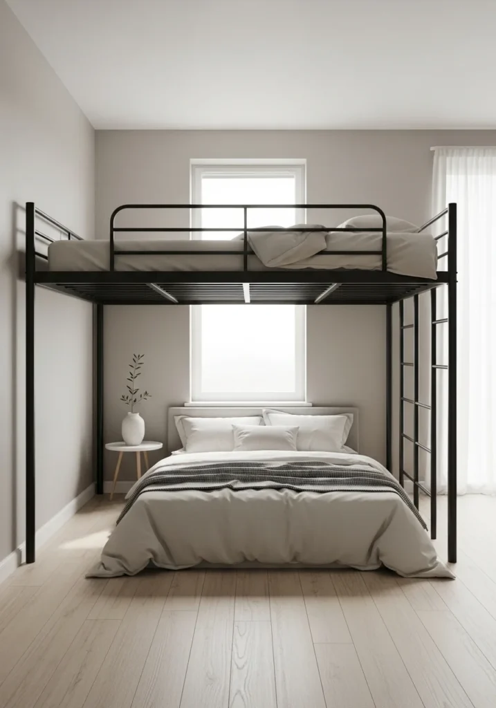 Minimalist loft bed with an open space underneath, perfect for a modern, clutter-free bedroom.