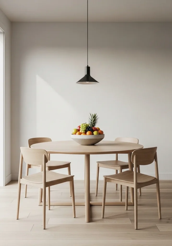 round dining table with statement bowl centerpiece