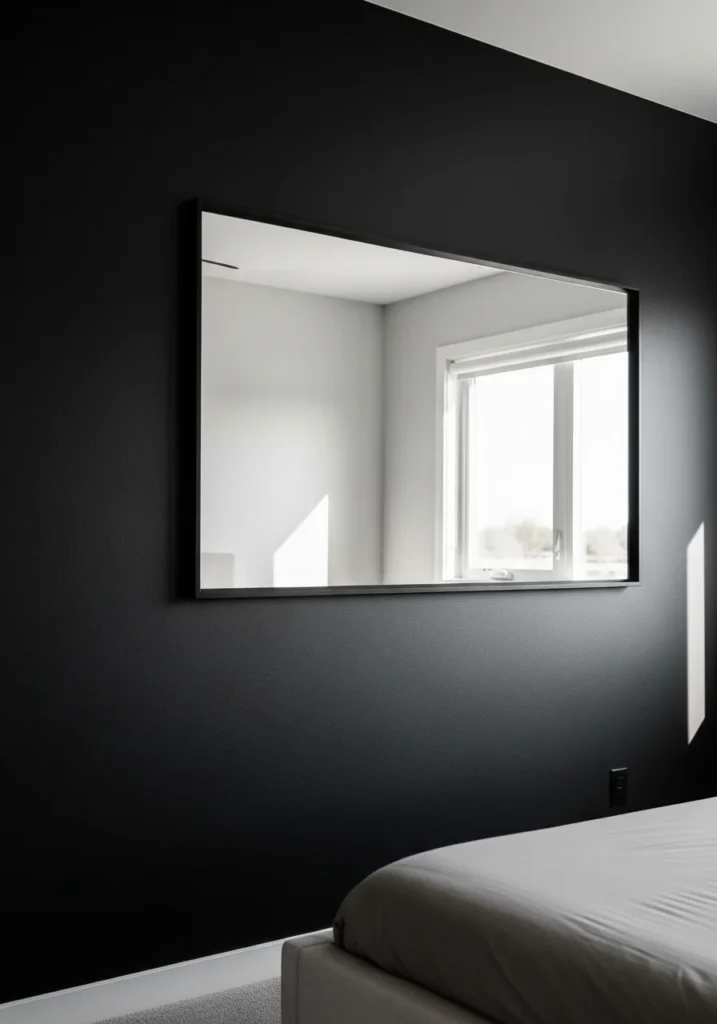 Black accent wall with mirror reflecting light and expanding space