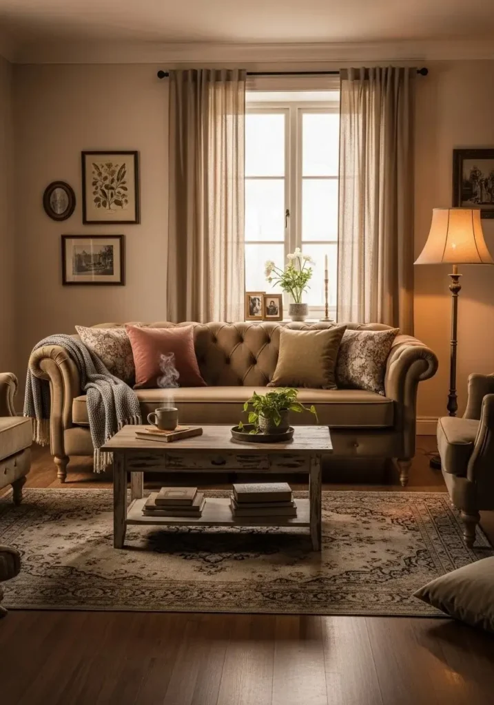 Vintage living room with tufted sofa adding classic charm and elegance.