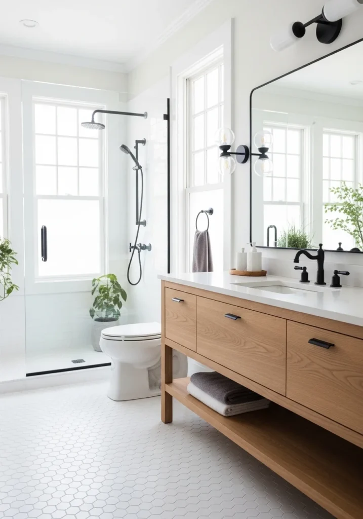 white hexagon bathroom floor tile