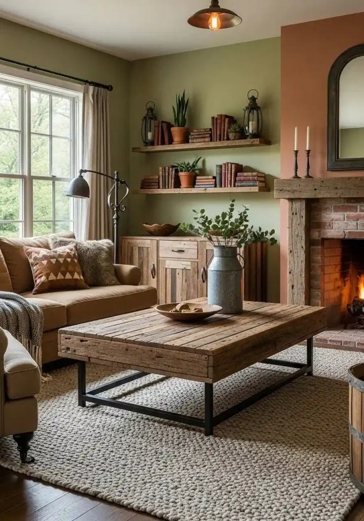 Reclaimed wood furniture and accents in a rustic western-style living room.