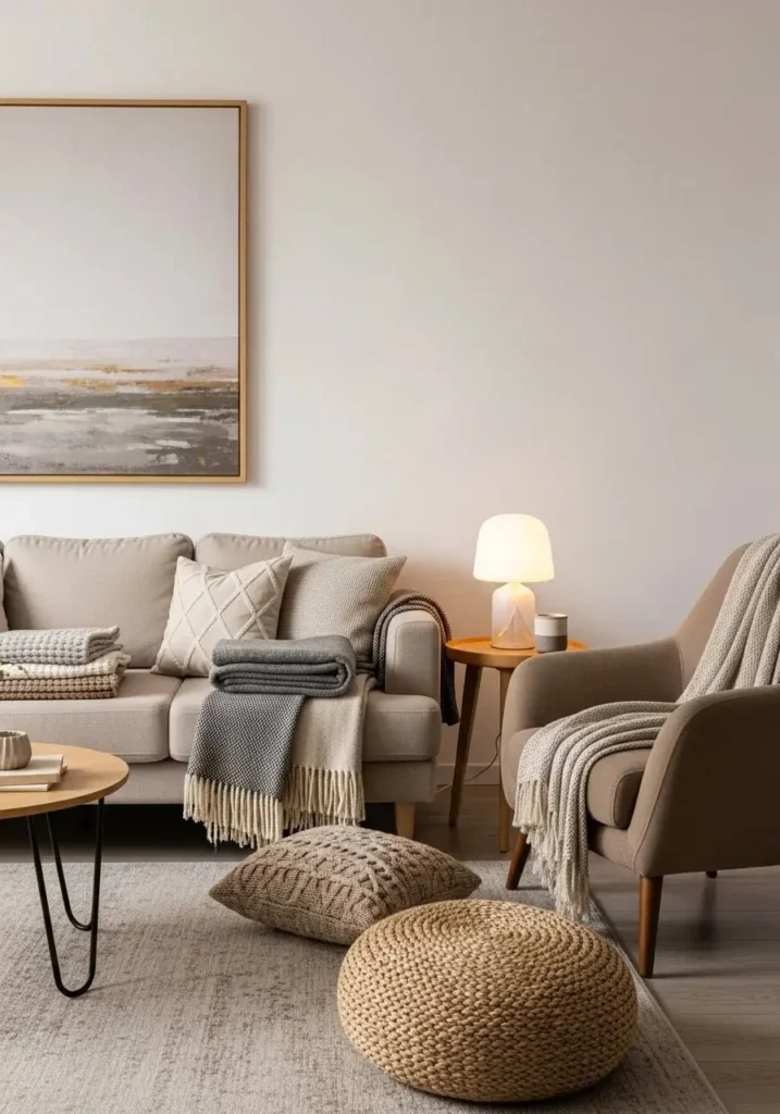Beige couch with side chair creating a cozy, functional nook for relaxing or reading in a living room.