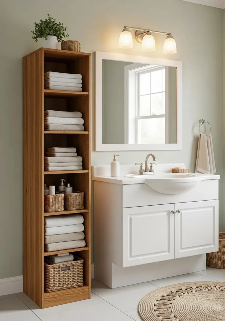 Tall wooden linen cabinet in bathroom holding towels and toiletries