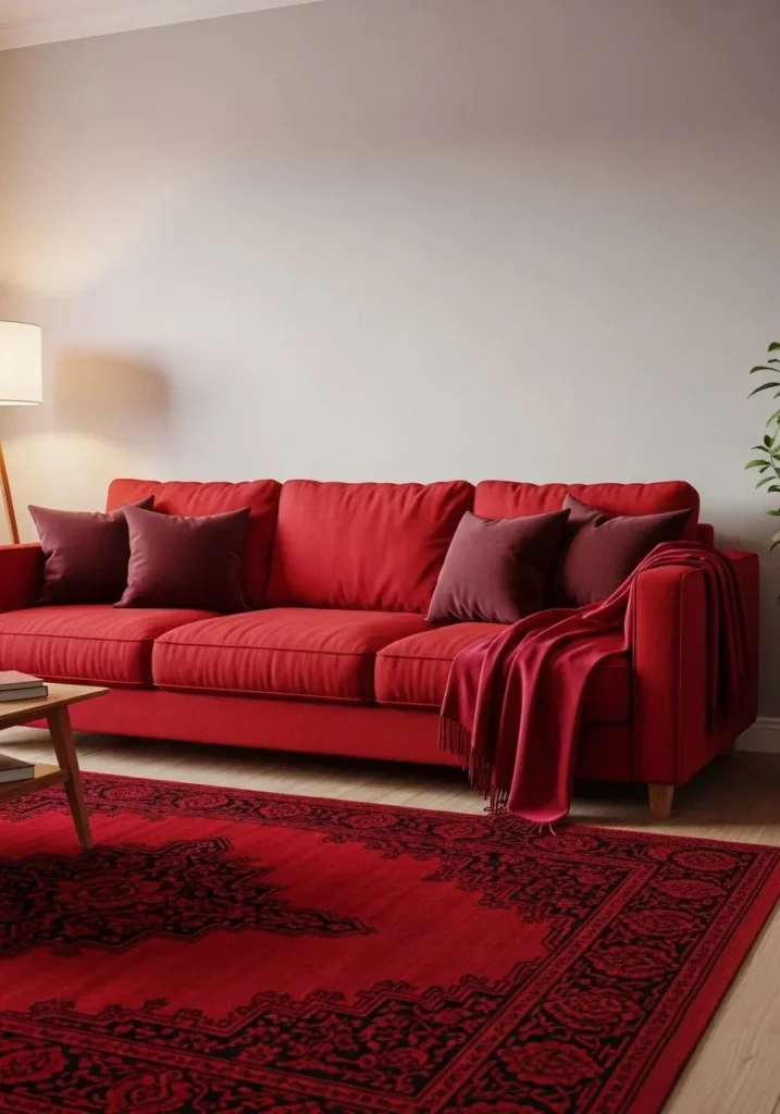 Red sofa with layered red accents.