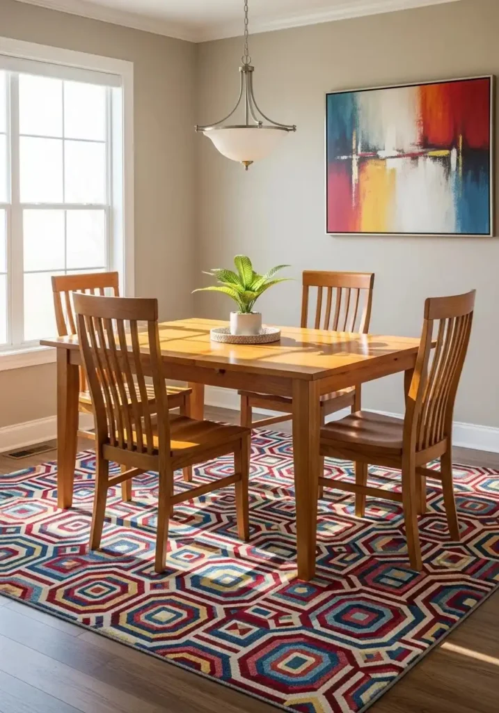 Colorful geometric rug anchors a wooden dining table, adding warmth and visual interest