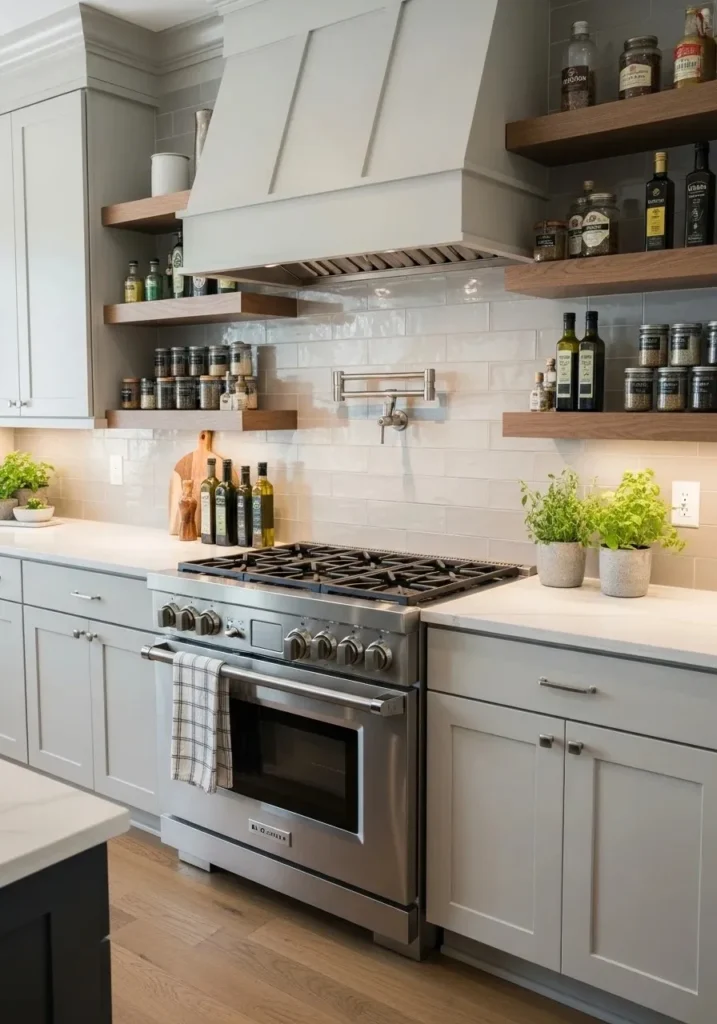 floating shelves around stove kitchen design