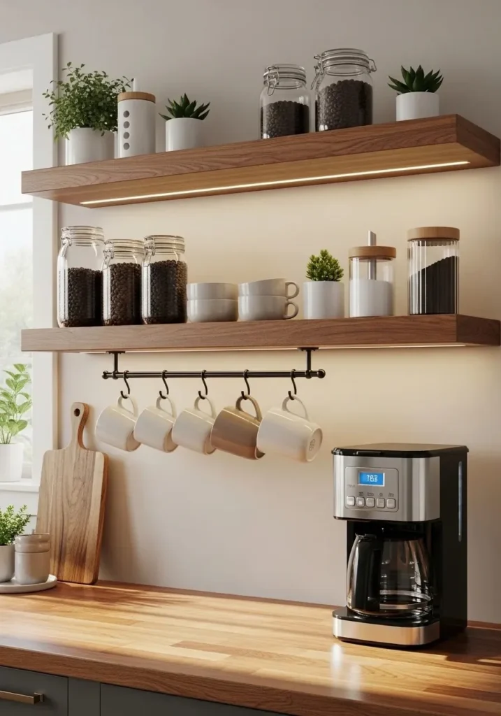 floating shelves coffee station kitchen idea