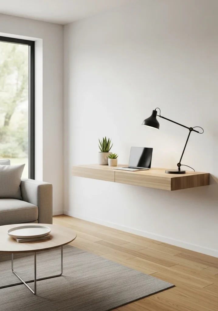 Minimalist floating desk blending seamlessly into a bright living room.