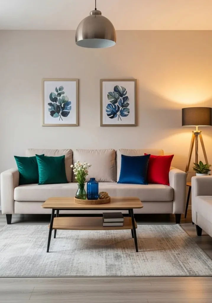 Beige couch decorated with jewel-toned pillows for an elegant and vibrant living room style.